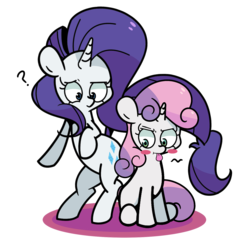 Size: 1500x1500 | Tagged: safe, artist:turtlefarminguy, rarity, sweetie belle, pony, g4, bipedal, blushing, simple background, sisters, sitting, tongue out, transparent background