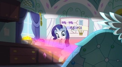 Size: 1052x584 | Tagged: safe, screencap, rarity, canterlot boutique, g4, clothes, crepuscular rays, dress, female, princess dress, rainbow, rules of rarity, solo, sunlight
