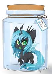 Size: 1657x2383 | Tagged: safe, artist:teranen, queen chrysalis, changeling, changeling queen, g4, :p, chibi, colored pupils, cute, cutealis, female, looking at you, micro, pony in a bottle, raised hoof, solo, tiny ponies, tongue out