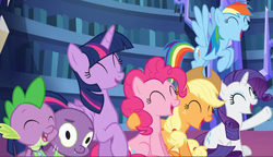 Size: 1826x1054 | Tagged: safe, screencap, applejack, pinkie pie, rainbow dash, rarity, spike, twilight sparkle, alicorn, dragon, earth pony, pegasus, pony, unicorn, g4, my little pony: friendship is magic, scare master, season 5, ^^, clothes, costume, dragon costume, eyes closed, female, hydraspike, male, mare, nightmare night costume, twilight sparkle (alicorn), two-headed dragon