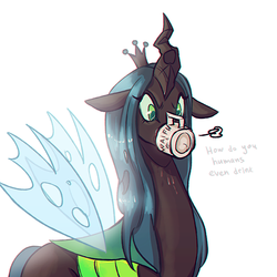 Size: 600x600 | Tagged: dead source, safe, artist:zilvtree-zauani, queen chrysalis, changeling, changeling queen, g4, chromatic aberration, coffee mug, cute, cutealis, dialogue, female, horse problems, simple background, solo