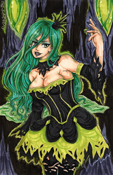 Size: 2723x4230 | Tagged: safe, artist:fir3h34rt, queen chrysalis, human, g4, cleavage, clothes, dress, female, humanized, solo, traditional art