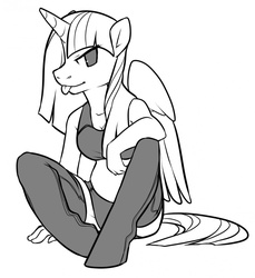 Size: 1172x1280 | Tagged: safe, artist:kilo, twilight sparkle, anthro, unguligrade anthro, g4, bra, clothes, crop top bra, female, grayscale, monochrome, socks, solo, stockings, thigh highs, tongue out, twilight sparkle (alicorn), underwear