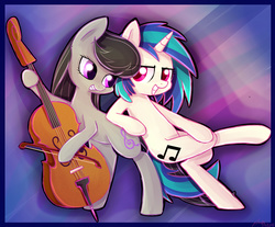 Size: 3209x2662 | Tagged: safe, artist:artoftheghostie, dj pon-3, octavia melody, vinyl scratch, g4, cello, grin, high res, leaning, musical instrument