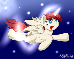 Size: 2560x2048 | Tagged: safe, artist:icy wings, oc, oc only, oc:fausticorn, flying, high res, lauren faust, night, smiling, solo