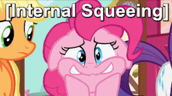 Size: 524x294 | Tagged: safe, screencap, applejack, pinkie pie, rarity, g4, the one where pinkie pie knows, animated, blinking, descriptive noise, excited, female, floppy ears, image macro, internal squeeing, meme, reaction image, shaking, squee, x internally