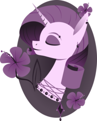 Size: 1204x1500 | Tagged: safe, artist:ruriti, rarity, pony, unicorn, g4, bust, eyes closed, female, flower, horn, limited palette, mare, piercing, portrait, solo