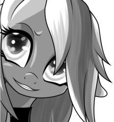 Size: 723x777 | Tagged: dead source, safe, artist:an-m, oc, oc only, oc:aryanne, earth pony, pony, clothes, corner, face, female, game, general deathshead, germany, grayscale, loading screen, long mane, looking around, looking at you, looking up, military, monochrome, pony oc, shirt, smiling, solo, starry eyes, uniform, wolfenstein, wolfenstein the new order, wolfenstein the old blood