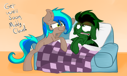 Size: 1796x1080 | Tagged: safe, artist:kittensneezikuns, oc, oc only, oc:kittensneeze, oc:midnight cloud, earth pony, pegasus, pony, backwards thermometer, big ears, bipedal leaning, blanket, couch, cute, ear fluff, female, fever, floppy ears, frown, get well soon, long mane, long tail, looking up, male, pillow, ponysona, sick, smiling, spread wings, steam, text, thermometer, unamused, worried