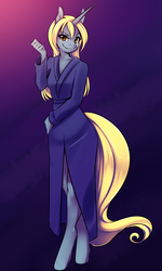Size: 576x960 | Tagged: safe, artist:spazzykoneko, oc, oc only, oc:flickering oracle, unicorn, anthro, unguligrade anthro, clothes, robe, solo