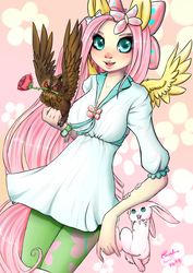 Size: 2893x4092 | Tagged: safe, artist:caindra, angel bunny, fluttershy, human, owl, g4, eared humanization, humanized, rose, tailed humanization, winged humanization