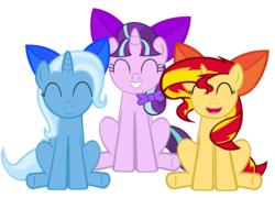 Size: 3805x2737 | Tagged: dead source, safe, artist:comfydove, starlight glimmer, sunset shimmer, trixie, pony, unicorn, g4, bow, cute, diatrixes, eyes closed, glimmerbetes, grin, hair bow, happy, high res, magical trio, open mouth, ribbon, shimmerbetes, simple background, sitting, smiling, transparent background, trio, underhoof, vector