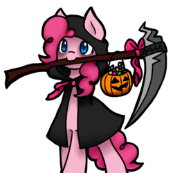 Size: 1024x1024 | Tagged: safe, artist:jadekettu, pinkie pie, g4, candy, clothes, costume, cute, female, grim reaper, halloween, holiday, jack-o-lantern, mouth hold, nightmare night, pumpkin, scythe, simple background, solo, transparent background