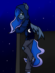 Size: 480x640 | Tagged: safe, artist:jadekettu, princess luna, anthro, g4, clothes, converse, female, hoodie, human facial structure, night, shoes, solo