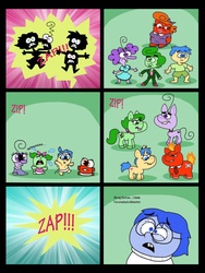 Size: 774x1032 | Tagged: safe, artist:cookie-lovey, hybrid, age regression, anger (inside out), barely pony related, comic, conjoined, crossover, dialogue, disgust (inside out), disney, fear (inside out), fusion, inside out, joy (inside out), multiple heads, part of a series, pixar, ponified, rule 63, sadness (inside out), transformation, transgender transformation, two heads, we have become one, what has science done