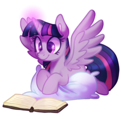 Size: 1024x1003 | Tagged: safe, artist:voraire, twilight sparkle, alicorn, pony, g4, adorkable, book, cute, dork, female, magic, mare, pillow, prone, reading, simple background, solo, spread wings, transparent background, twilight sparkle (alicorn)