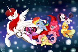 Size: 1280x853 | Tagged: safe, artist:shivall, applejack, fluttershy, pinkie pie, rainbow dash, rarity, twilight sparkle, oc, oc:fausticorn, alicorn, pony, g4, alicorn oc, cute, female, filly, flying, happy, lauren faust, open mouth, smiling, weapons-grade cute
