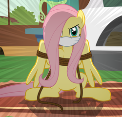 Size: 800x768 | Tagged: safe, alternate version, artist:radiantrealm, fluttershy, pegasus, pony, g4, angry, bondage, bound wings, cloth gag, featureless crotch, female, gag, rope, rope bondage, show accurate, solo, the stare, tied up