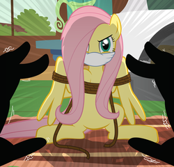 Size: 800x768 | Tagged: safe, alternate version, artist:radiantrealm, fluttershy, pegasus, pony, g4, angry, bondage, bound wings, cloth gag, female, fluttershy's cottage, gag, hand, imminent tickles, mare, rope, rope bondage, show accurate, the stare, tickling, tied up