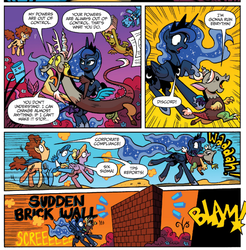 Size: 667x678 | Tagged: safe, artist:brendahickey, idw, official comic, discord, princess luna, alicorn, draconequus, earth pony, pegasus, pony, unicorn, friends forever, g4, spoiler:comic, spoiler:comicff20, baby discord, brick wall, businessmare, comic, ethereal mane, female, male, mare, speech bubble, starry mane, wall
