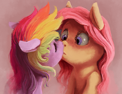 Size: 1914x1472 | Tagged: safe, artist:sharpieboss, fluttershy, rainbow dash, pony, g4, duo, female, kiss on the lips, kissing, lesbian, mare, ship:flutterdash, shipping, surprise kiss, surprised
