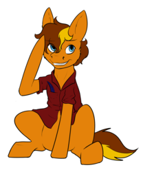 Size: 1500x1800 | Tagged: safe, artist:el-gasho, oc, oc only, oc:roswell rivet, earth pony, pony, clothes, raised hoof, sitting, solo, tales of old equestria