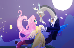Size: 2564x1664 | Tagged: safe, artist:morgwaine, discord, fluttershy, fanfic:bride of discord, g4, clothes, dress, female, male, moon, night, ship:discoshy, shipping, straight