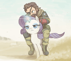 Size: 1376x1183 | Tagged: safe, artist:kimi-the-sioux, rarity, human, pony, unicorn, g4, big boss, camouflage, crossover, d-horse, duo, eyepatch, female, humans riding ponies, konami, magic, male, man, mare, metal gear, metal gear solid, metal gear solid 5, punished snake, rariquest, rarity being dragged to her destiny, riding, venom snake