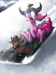 Size: 1024x1365 | Tagged: dead source, safe, artist:ibsn, pinkie pie, yona's sister, earth pony, pony, yak, g4, party pooped, calf, cloven hooves, deviantart watermark, duo, fear, female, horn, horn ring, mare, obtrusive watermark, open mouth, scared, scene interpretation, sled, snow, terrified, underhoof, watermark, yak calf