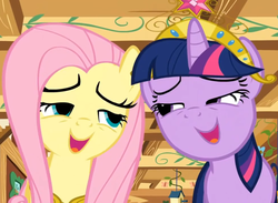 Size: 978x717 | Tagged: safe, screencap, fluttershy, twilight sparkle, pegasus, pony, unicorn, g4, magical mystery cure, season 3, big crown thingy, drunk, drunk twilight, drunkershy, female, fluttershy's cottage, jewelry, mare, out of context, regalia, unicorn twilight