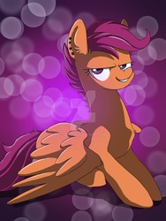 Size: 1024x1365 | Tagged: dead source, safe, artist:ibsn, scootaloo, pegasus, pony, g4, abstract background, deviantart watermark, female, filly, looking at you, obtrusive watermark, older, solo, watermark