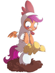 Size: 1024x1365 | Tagged: dead source, safe, artist:ibsn, scootaloo, pegasus, pony, g4, chicken suit, clothes, deviantart watermark, egg, female, momma scoots, obtrusive watermark, scootachicken, solo, watermark