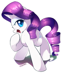 Size: 656x779 | Tagged: safe, artist:maren, rarity, pony, unicorn, g4, female, looking at you, mare, open mouth, profile, raised hoof, simple background, solo, white background