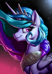 Size: 2853x4026 | Tagged: safe, artist:nadnerbd, princess celestia, alicorn, pony, g4, backlighting, beautiful, celestia's crown, female, folded wings, lighting, long mane, looking at you, mare, peytral, portrait, simple background, slender, smiling, solo, thin, windswept mane, wings
