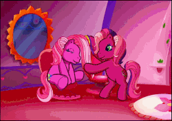 Size: 800x562 | Tagged: safe, screencap, cheerilee (g3), pinkie pie (g3), earth pony, pony, cheerilee's pajama party, g3, meet the ponies, animated, brushing, comb, cute, duo, duo female, eyes closed, female, hoof hold, loop, mare