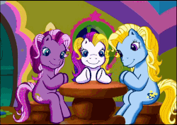 Size: 800x562 | Tagged: safe, screencap, moondancer (g3), puzzlemint, wysteria, earth pony, pony, g3, meet the ponies, rainbow dash's hat fashion party, animated, clapping, female, g3 dancerbetes, loop, mare, puzzlebetes, shop, sitting, smiling, store, table, trio, wysteriadorable