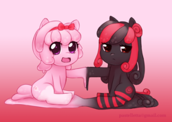 Size: 2090x1480 | Tagged: safe, artist:meltyvixen, oc, oc only, goo pony, original species, bow, clothes, cute, female, filly, frown, hair bow, hoofbump, looking at you, open mouth, sitting, smiling, socks, striped socks, unamused
