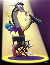 Size: 1225x1572 | Tagged: safe, artist:agnesgarbowska, discord, g4, beret, chair, director, director's chair, male, megaphone, solo