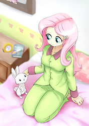 Size: 2209x3119 | Tagged: safe, artist:ryou14, angel bunny, fluttershy, equestria girls, g4, alarm clock, archery, bed, bedroom, book, clothes, cute, daaaaaaaaaaaw, high res, looking at each other, pajamas, petting, shyabetes