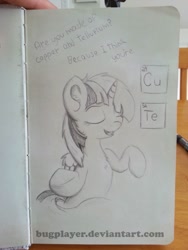 Size: 774x1032 | Tagged: safe, artist:bugplayer, twilight sparkle, alicorn, pony, g4, bugplayer is trying to murder us, copper, copper and tellurium, cute, eyes closed, female, fluffy, mare, messy mane, monochrome, open mouth, pencil drawing, periodic table, pickup lines, science, science joke, smiling, solo, tellurium, traditional art, twilight sparkle (alicorn)
