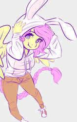 Size: 1000x1581 | Tagged: safe, artist:lizombie, artist:schpeelah, edit, fluttershy, oc, oc:cottontail, anthro, ultimare universe, g4, alternate universe, clothes, colored, converse, cute, female, happy, heart eyes, hoodie, shoes, smiling, solo, wingding eyes
