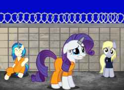Size: 3320x2413 | Tagged: safe, artist:spellboundcanvas, derpy hooves, dj pon-3, rarity, vinyl scratch, pegasus, pony, g4, clothes, fashion police, female, high res, horn, horn cap, magic suppression, mare, police, prison outfit, prisoner, prisoner ry, prisoner vinyl