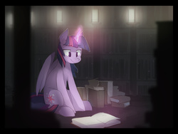 Size: 3600x2700 | Tagged: safe, artist:glacierponi, twilight sparkle, alicorn, pony, g4, book, dust motes, female, high res, library, magic, mare, reading, sitting, solo, twilight sparkle (alicorn)