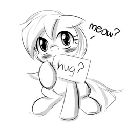Size: 540x540 | Tagged: safe, artist:randy, oc, oc only, oc:aryanne, cat, earth pony, pony, :3, aryan, aryan pony, aryanbetes, behaving like a cat, black and white, blushing, cute, female, grayscale, hug, looking up, meow, monochrome, nazipone, outline, question, sign, sitting, solo