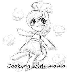Size: 2084x2084 | Tagged: safe, artist:randy, oc, oc only, oc:aryanne, pony, apron, baking, bipedal, black and white, blushing, chef, chef's hat, clothes, cooking, cooking mama, food, grayscale, hat, heart, heart eyes, high res, housewife, kitchen, monochrome, mother, muffin, outline, simple background, solo, tongue out, white background, wingding eyes