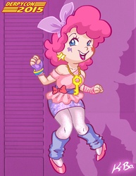 Size: 600x776 | Tagged: safe, artist:kevinbolk, pinkie pie, human, g4, bracelet, clothes, cosplay, costume, derpycon, female, high heels, humanized, leg warmers, pantyhose, skirt, solo