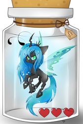 Size: 1500x2231 | Tagged: dead source, safe, artist:teranen, queen chrysalis, changeling, changeling queen, fairy, g4, :3, bottle, chibi, cute, cutealis, female, flying, heart, heart container, heart eyes, jar, looking at you, micro, no pupils, pony in a bottle, solo, the legend of zelda, tiny ponies, wingding eyes