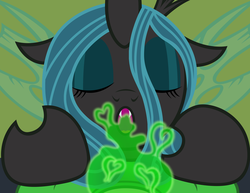 Size: 3232x2489 | Tagged: safe, artist:badumsquish, derpibooru exclusive, queen chrysalis, changeling, human, g4, :o, ambiguous gender, changeling feeding, eyes closed, fangs, female, heart, high res, offscreen character, on top, open mouth, pov