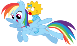 Size: 1200x727 | Tagged: safe, artist:leif-j, rainbow dash, g4, crossover, humans riding ponies, maggie simpson, male, riding, the simpsons