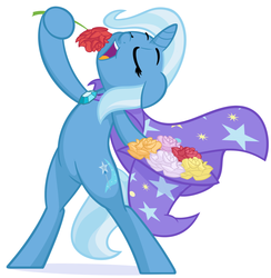 Size: 1280x1310 | Tagged: safe, artist:furrgroup, trixie, pony, g4, bipedal, eyes closed, female, flower, simple background, solo, white background